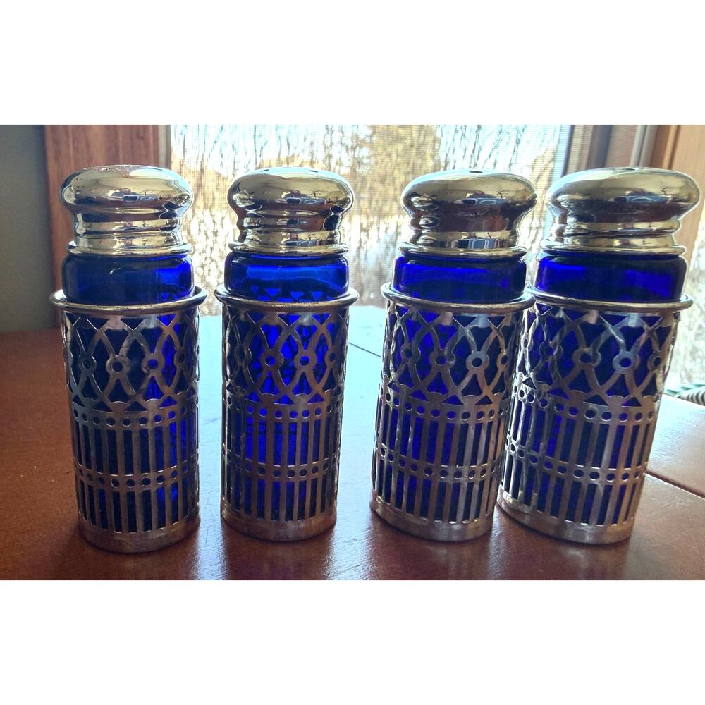 Vintage Cobalt Blue Silverplate Glass Shaker Set William Adams Towle Silver Co.